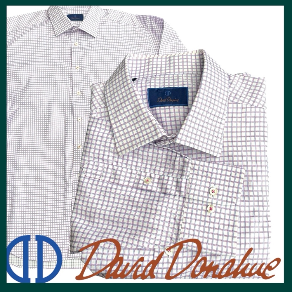 David Donahue Navy & Merlot Grid Check Regular Fit Cotton Dress Shirt (18)
